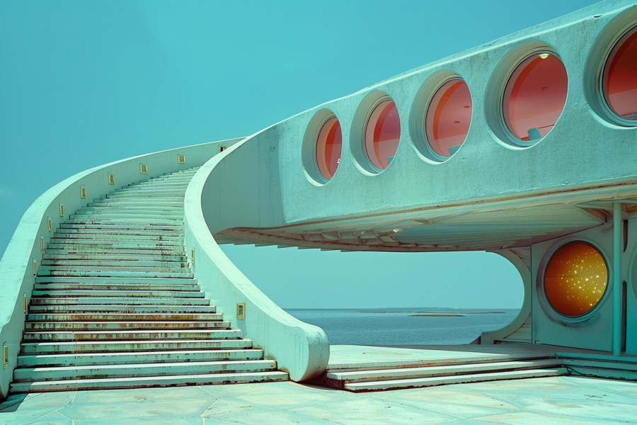 A concrete structure with a staircase leading to a building with a red light. The building appears to have circular windows and a curved roof. The staircase is made of concrete and leads up to the entrance of the building. The red light on the building adds a pop of color to the scene. The overall architecture of the building is modern and sleek. The image is taken during the day, with natural light illuminating the scene. The color palette consists of shades of green, blue, and gray, creating a calming and serene atmosphere.