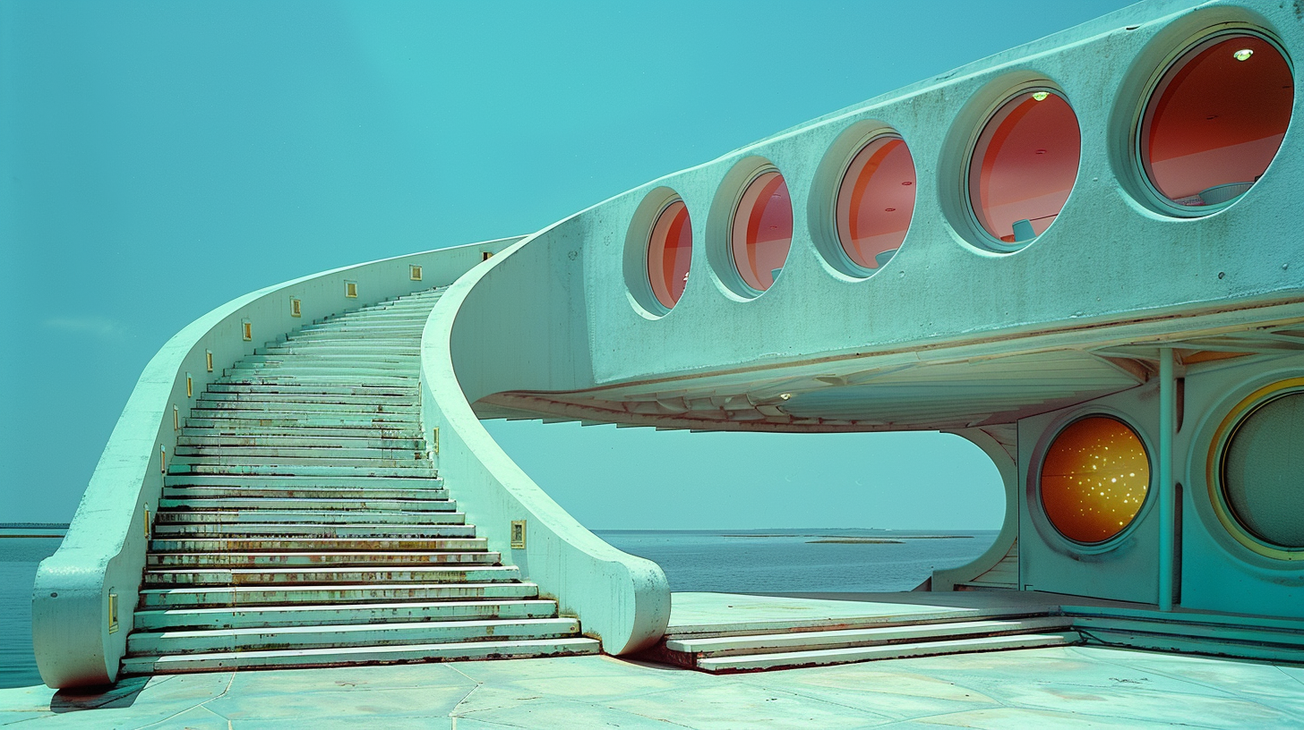 A concrete structure with a staircase leading to a building with a red light. The building appears to have circular windows and a curved roof. The staircase is made of concrete and leads up to the entrance of the building. The red light on the building adds a pop of color to the scene. The overall architecture of the building is modern and sleek. The image is taken during the day, with natural light illuminating the scene. The color palette consists of shades of green, blue, and gray, creating a calming and serene atmosphere.