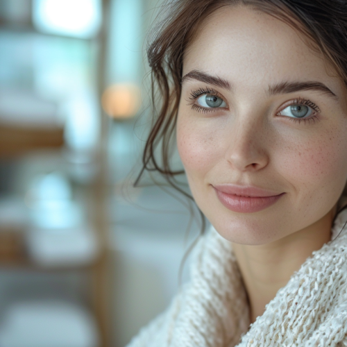 A close up image of a beautiful woman with a white scarf wrapped around her head, complementing her white sweater. The woman has a serene expression on her face, with a hint of a smile. Her striking blue eyes are the focal point of the image, adding to her captivating look. The woman''s hair is neatly tucked under the scarf, enhancing her overall appearance. She is surrounded by a lush green plant, adding a natural and peaceful backdrop to the scene. The woman appears to be in her late twenties, exuding a sense of grace and elegance.