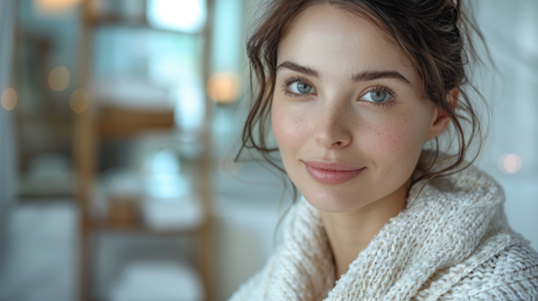 A close up image of a beautiful woman with a white scarf wrapped around her head, complementing her white sweater. The woman has a serene expression on her face, with a hint of a smile. Her striking blue eyes are the focal point of the image, adding to her captivating look. The woman''s hair is neatly tucked under the scarf, enhancing her overall appearance. She is surrounded by a lush green plant, adding a natural and peaceful backdrop to the scene. The woman appears to be in her late twenties, exuding a sense of grace and elegance.
