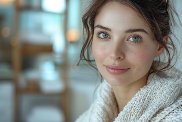 A close up image of a beautiful woman with a white scarf wrapped around her head, complementing her white sweater. The woman has a serene expression on her face, with a hint of a smile. Her striking blue eyes are the focal point of the image, adding to her captivating look. The woman''s hair is neatly tucked under the scarf, enhancing her overall appearance. She is surrounded by a lush green plant, adding a natural and peaceful backdrop to the scene. The woman appears to be in her late twenties, exuding a sense of grace and elegance.