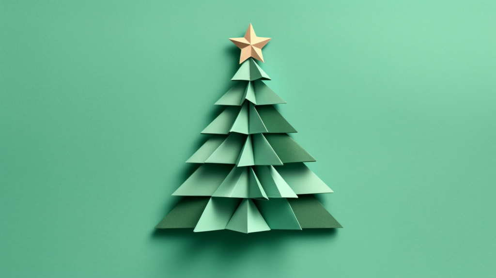 A paper Christmas tree with a star on top is featured in this image. The tree is made of folded green paper and is placed against a green background. The intricate folds of the paper create a realistic tree shape, and the star on top adds a festive touch. The colors in the image include shades of green, such as #94d4b0, #1a5137, and #55a17e. The overall theme of the image is Christmas, with a focus on decorating and creating a handmade holiday decoration. The image is high quality, with a resolution of 1456x816.