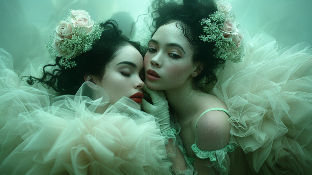In this image, two women are passionately kissing each other while wearing elegant dresses. The women are both in their early twenties, with one wearing a white dress and the other wearing a green dress. The setting appears to be outdoors, with lush greenery and flowers in the background. The women''s faces are partially obscured by the angle of the photo, but they both exude a sense of joy and intimacy. The colors in the image are predominantly green and white, creating a harmonious and romantic atmosphere