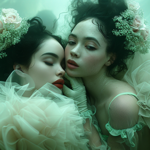 In this image, two women are passionately kissing each other while wearing elegant dresses. The women are both in their early twenties, with one wearing a white dress and the other wearing a green dress. The setting appears to be outdoors, with lush greenery and flowers in the background. The women''s faces are partially obscured by the angle of the photo, but they both exude a sense of joy and intimacy. The colors in the image are predominantly green and white, creating a harmonious and romantic atmosphere