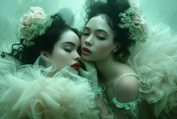 In this image, two women are passionately kissing each other while wearing elegant dresses. The women are both in their early twenties, with one wearing a white dress and the other wearing a green dress. The setting appears to be outdoors, with lush greenery and flowers in the background. The women''s faces are partially obscured by the angle of the photo, but they both exude a sense of joy and intimacy. The colors in the image are predominantly green and white, creating a harmonious and romantic atmosphere