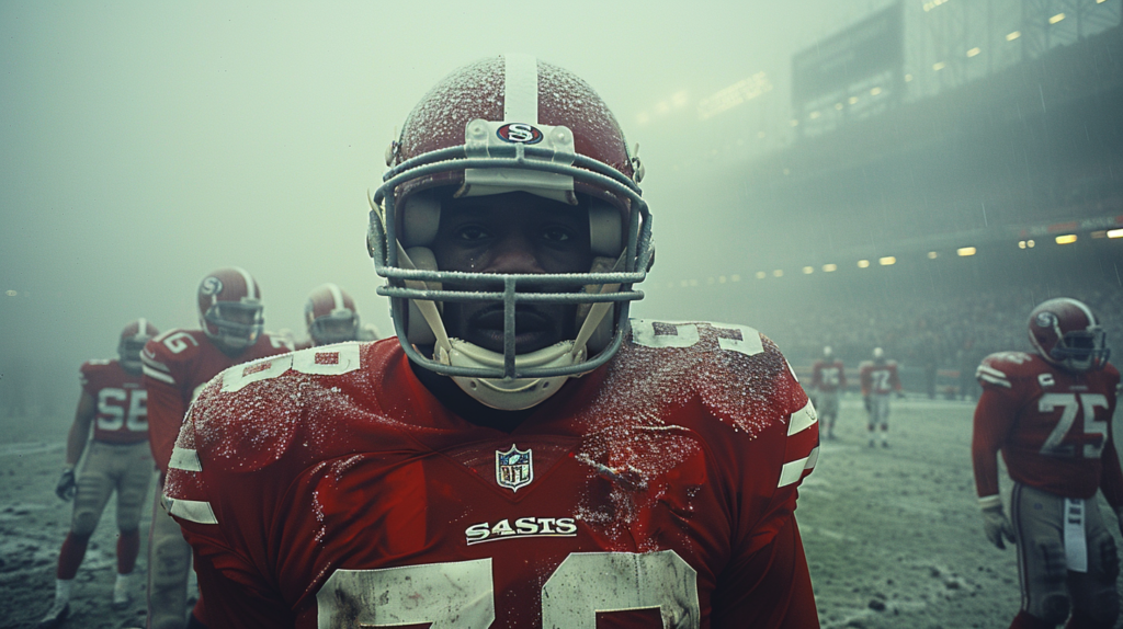 A football player is standing in the rain on a football field. The player is wearing a red uniform with a white number on the jersey and a helmet. There are multiple other people present in the background, some also wearing helmets. The player is holding a football in one hand and wearing gloves. The field is wet from the rain, and the player''s uniform is slightly damp. The scene captures the intensity and determination of the player as they stand ready to play despite the challenging weather conditions.