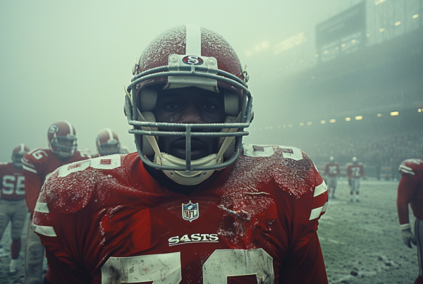A football player is standing in the rain on a football field. The player is wearing a red uniform with a white number on the jersey and a helmet. There are multiple other people present in the background, some also wearing helmets. The player is holding a football in one hand and wearing gloves. The field is wet from the rain, and the player''s uniform is slightly damp. The scene captures the intensity and determination of the player as they stand ready to play despite the challenging weather conditions.