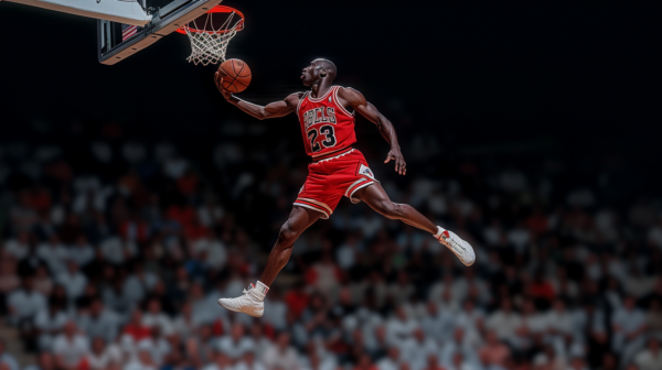 In this image, a man wearing a red uniform is seen mid-air, jumping up to dunk a basketball. He is focused and determined, with a basketball in his hand. The basketball player''s sneakers are visible, one pair in the foreground and another pair in the background. The player''s muscles are tense as he propels himself towards the hoop. The background is blurred, emphasizing the action happening in the foreground. The image captures the athleticism and skill of the basketball player as he executes a powerful dunk. The scene conveys the excitement and intensity of a basketball game moment.