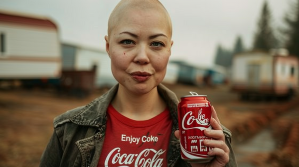 In this image, a woman with a shaved head is standing holding a can of Coca Cola. She is wearing a red shirt and appears to be enjoying the drink. The woman''s face is the focal point of the image, with a clear view of her features. The can of Coca Cola is prominently displayed in her hand. In the background, there is a blurry image of a passing train, adding a sense of movement to the scene. The colors in the image are primarily earthy tones, with accents of red and black. The overall mood is casual and urban.