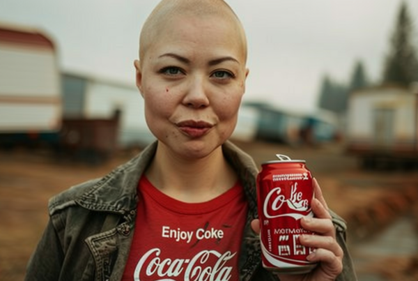 In this image, a woman with a shaved head is standing holding a can of Coca Cola. She is wearing a red shirt and appears to be enjoying the drink. The woman''s face is the focal point of the image, with a clear view of her features. The can of Coca Cola is prominently displayed in her hand. In the background, there is a blurry image of a passing train, adding a sense of movement to the scene. The colors in the image are primarily earthy tones, with accents of red and black. The overall mood is casual and urban.