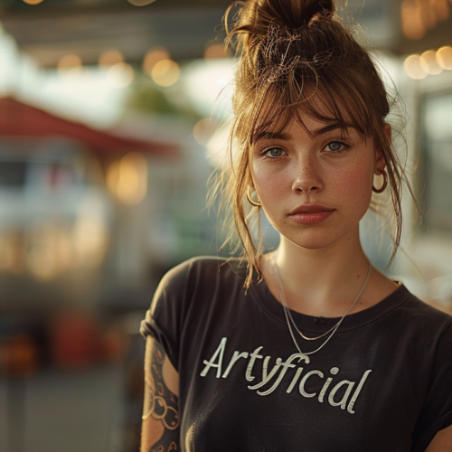 A young woman with a tattoo on her arm is standing in front of a food truck. She is wearing a black shirt and a silver necklace that features a wave design. Her hair is styled in a messy bun. The woman appears to be in her early 20s and has a feminine facial structure. She is confidently standing, with her mouth slightly open. The image is well-lit, showcasing the woman''s stylish outfit and accessories. The background features the colorful food truck, adding a vibrant element to the scene.