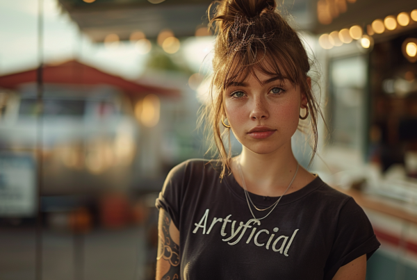A young woman with a tattoo on her arm is standing in front of a food truck. She is wearing a black shirt and a silver necklace that features a wave design. Her hair is styled in a messy bun. The woman appears to be in her early 20s and has a feminine facial structure. She is confidently standing, with her mouth slightly open. The image is well-lit, showcasing the woman''s stylish outfit and accessories. The background features the colorful food truck, adding a vibrant element to the scene.