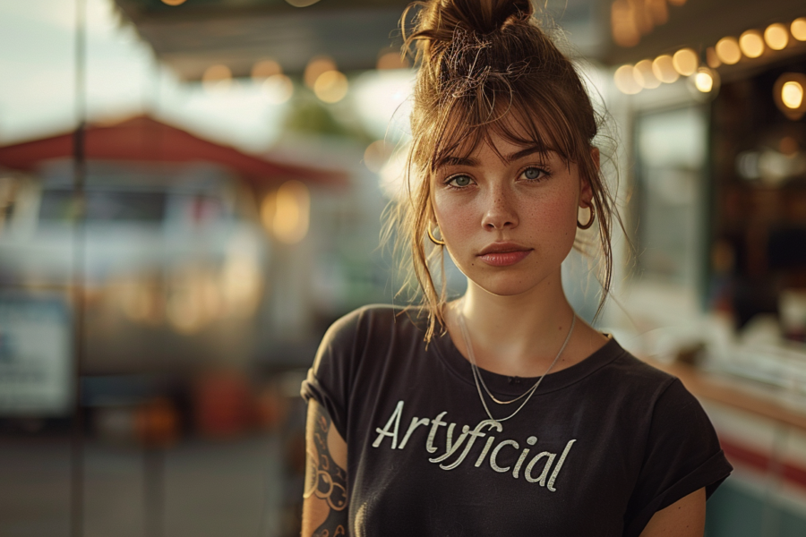 A young woman with a tattoo on her arm is standing in front of a food truck. She is wearing a black shirt and a silver necklace that features a wave design. Her hair is styled in a messy bun. The woman appears to be in her early 20s and has a feminine facial structure. She is confidently standing, with her mouth slightly open. The image is well-lit, showcasing the woman''s stylish outfit and accessories. The background features the colorful food truck, adding a vibrant element to the scene.