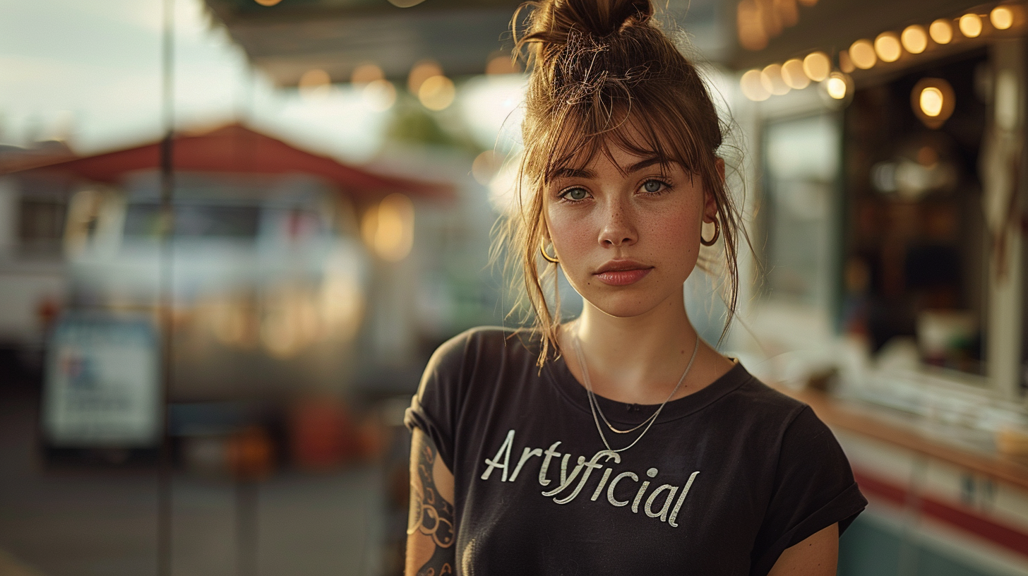 A young woman with a tattoo on her arm is standing in front of a food truck. She is wearing a black shirt and a silver necklace that features a wave design. Her hair is styled in a messy bun. The woman appears to be in her early 20s and has a feminine facial structure. She is confidently standing, with her mouth slightly open. The image is well-lit, showcasing the woman''s stylish outfit and accessories. The background features the colorful food truck, adding a vibrant element to the scene.