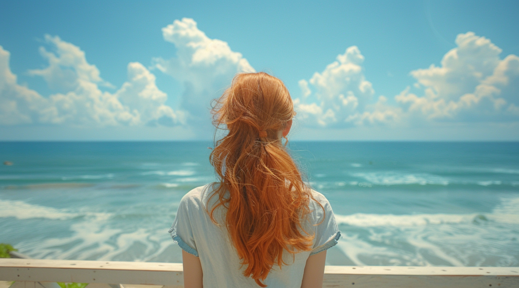 A woman with long red hair is standing on a balcony, looking out at the ocean. She is wearing a white shirt and appears to be deep in thought as she gazes at the vast expanse of the sea. The woman''s hair cascades down her back, adding a vibrant pop of color to the serene scene. The blue sky and water create a peaceful backdrop for her contemplation. The image captures a moment of introspection and connection with nature, as the woman takes in the beauty of the ocean view.