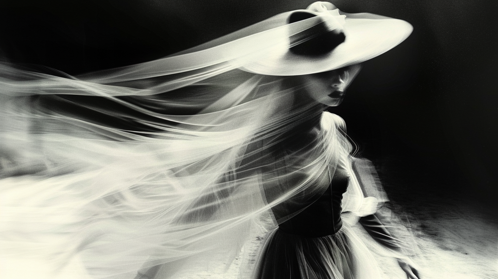 In this image, we see a woman wearing a stylish sun hat and a white dress, possibly a wedding dress, walking gracefully. The woman appears to be in a serene setting, with a black and white color scheme adding a timeless and elegant touch to the scene. The woman exudes a sense of sophistication and grace as she moves confidently in her attire. The image captures a moment of beauty and poise, with the woman''s attire and demeanor suggesting a formal or special occasion. The overall ambiance is classic and refined, evoking a sense of nostalgia and romance.