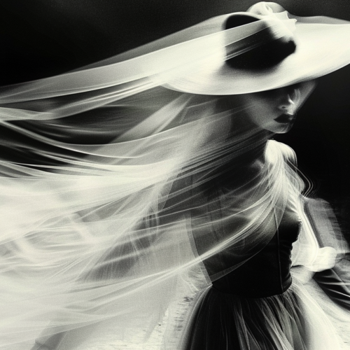 In this image, we see a woman wearing a stylish sun hat and a white dress, possibly a wedding dress, walking gracefully. The woman appears to be in a serene setting, with a black and white color scheme adding a timeless and elegant touch to the scene. The woman exudes a sense of sophistication and grace as she moves confidently in her attire. The image captures a moment of beauty and poise, with the woman''s attire and demeanor suggesting a formal or special occasion. The overall ambiance is classic and refined, evoking a sense of nostalgia and romance.
