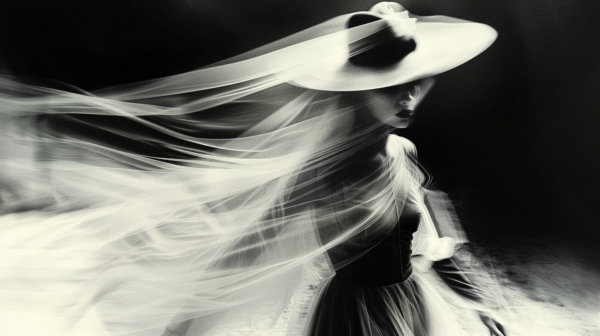 In this image, we see a woman wearing a stylish sun hat and a white dress, possibly a wedding dress, walking gracefully. The woman appears to be in a serene setting, with a black and white color scheme adding a timeless and elegant touch to the scene. The woman exudes a sense of sophistication and grace as she moves confidently in her attire. The image captures a moment of beauty and poise, with the woman''s attire and demeanor suggesting a formal or special occasion. The overall ambiance is classic and refined, evoking a sense of nostalgia and romance.