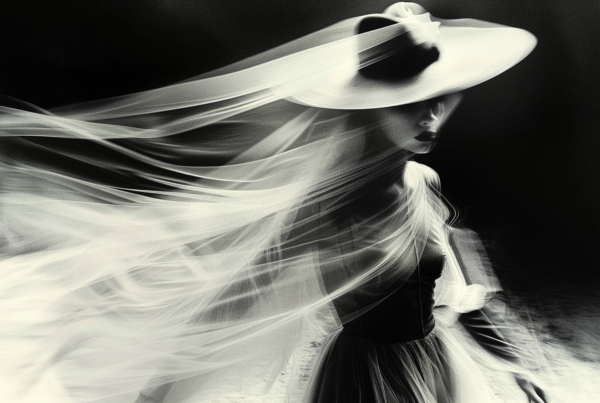 In this image, we see a woman wearing a stylish sun hat and a white dress, possibly a wedding dress, walking gracefully. The woman appears to be in a serene setting, with a black and white color scheme adding a timeless and elegant touch to the scene. The woman exudes a sense of sophistication and grace as she moves confidently in her attire. The image captures a moment of beauty and poise, with the woman''s attire and demeanor suggesting a formal or special occasion. The overall ambiance is classic and refined, evoking a sense of nostalgia and romance.