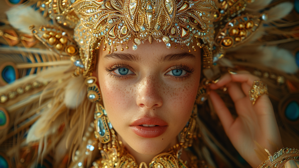 In this image, we see a young woman with a striking appearance. She is wearing a majestic gold headdress adorned with feathers and jewels, giving off an air of royalty. Her face is beautifully made up, with bright blue eye shadow accentuating her captivating blue eye. She is dressed in an elaborate gold costume, exuding elegance and grace. In her hand, she holds a piece of food, adding a touch of mystery to the scene. The overall look is completed with a ring on her finger, adding a touch of glamour. The woman''s expression is serene, and her features are enhanced by the freckles on her face. The image is a close-up portrait, showcasing the intricate details of her costume and accessories.