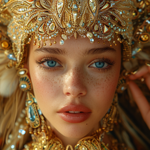 In this image, we see a young woman with a striking appearance. She is wearing a majestic gold headdress adorned with feathers and jewels, giving off an air of royalty. Her face is beautifully made up, with bright blue eye shadow accentuating her captivating blue eye. She is dressed in an elaborate gold costume, exuding elegance and grace. In her hand, she holds a piece of food, adding a touch of mystery to the scene. The overall look is completed with a ring on her finger, adding a touch of glamour. The woman''s expression is serene, and her features are enhanced by the freckles on her face. The image is a close-up portrait, showcasing the intricate details of her costume and accessories.