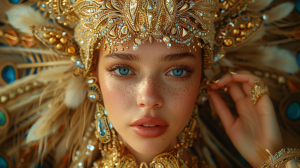 In this image, we see a young woman with a striking appearance. She is wearing a majestic gold headdress adorned with feathers and jewels, giving off an air of royalty. Her face is beautifully made up, with bright blue eye shadow accentuating her captivating blue eye. She is dressed in an elaborate gold costume, exuding elegance and grace. In her hand, she holds a piece of food, adding a touch of mystery to the scene. The overall look is completed with a ring on her finger, adding a touch of glamour. The woman''s expression is serene, and her features are enhanced by the freckles on her face. The image is a close-up portrait, showcasing the intricate details of her costume and accessories.