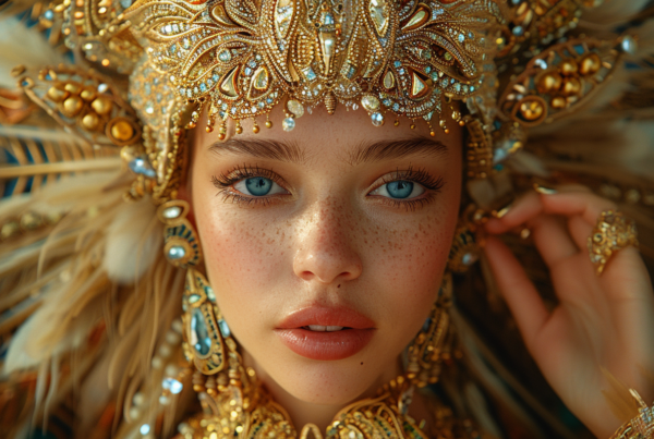In this image, we see a young woman with a striking appearance. She is wearing a majestic gold headdress adorned with feathers and jewels, giving off an air of royalty. Her face is beautifully made up, with bright blue eye shadow accentuating her captivating blue eye. She is dressed in an elaborate gold costume, exuding elegance and grace. In her hand, she holds a piece of food, adding a touch of mystery to the scene. The overall look is completed with a ring on her finger, adding a touch of glamour. The woman''s expression is serene, and her features are enhanced by the freckles on her face. The image is a close-up portrait, showcasing the intricate details of her costume and accessories.