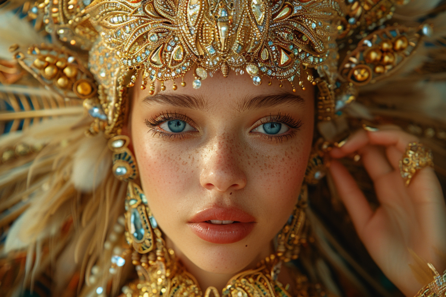 In this image, we see a young woman with a striking appearance. She is wearing a majestic gold headdress adorned with feathers and jewels, giving off an air of royalty. Her face is beautifully made up, with bright blue eye shadow accentuating her captivating blue eye. She is dressed in an elaborate gold costume, exuding elegance and grace. In her hand, she holds a piece of food, adding a touch of mystery to the scene. The overall look is completed with a ring on her finger, adding a touch of glamour. The woman''s expression is serene, and her features are enhanced by the freckles on her face. The image is a close-up portrait, showcasing the intricate details of her costume and accessories.