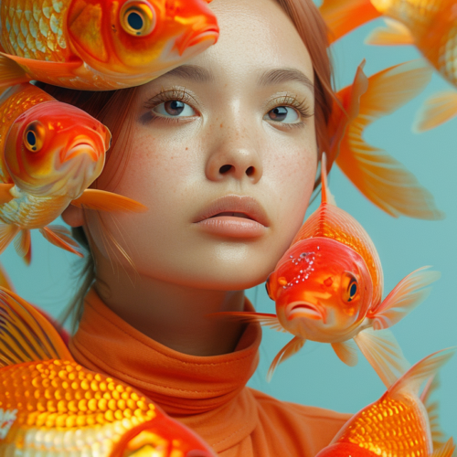 In this image, we see a young girl with a playful and whimsical look, wearing a bunch of goldfish on her head. The girl''s face shows a sense of excitement and joy as she carries the colorful fish in her hair. The goldfish are swimming around her head, creating a unique and eye-catching hairstyle. The girl''s features are highlighted with a fish earring, adding to the fun and quirky nature of the scene. The background suggests a watery environment, enhancing the aquatic theme of the image. The color palette includes earthy tones like brown and green, with accents of vibrant orange and blue from the goldfish. Overall, this image captures a moment of playful imagination and creativity.
