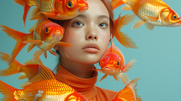 In this image, we see a young girl with a playful and whimsical look, wearing a bunch of goldfish on her head. The girl''s face shows a sense of excitement and joy as she carries the colorful fish in her hair. The goldfish are swimming around her head, creating a unique and eye-catching hairstyle. The girl''s features are highlighted with a fish earring, adding to the fun and quirky nature of the scene. The background suggests a watery environment, enhancing the aquatic theme of the image. The color palette includes earthy tones like brown and green, with accents of vibrant orange and blue from the goldfish. Overall, this image captures a moment of playful imagination and creativity.