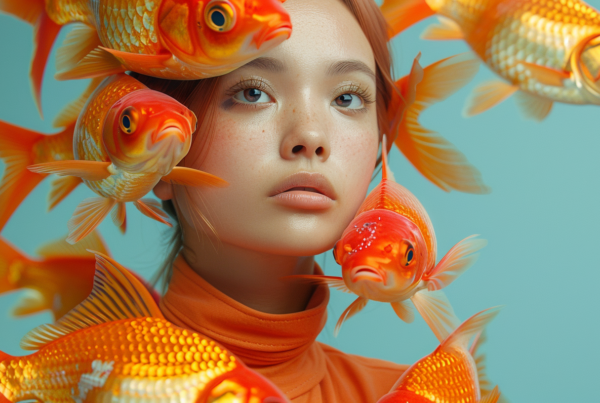 In this image, we see a young girl with a playful and whimsical look, wearing a bunch of goldfish on her head. The girl''s face shows a sense of excitement and joy as she carries the colorful fish in her hair. The goldfish are swimming around her head, creating a unique and eye-catching hairstyle. The girl''s features are highlighted with a fish earring, adding to the fun and quirky nature of the scene. The background suggests a watery environment, enhancing the aquatic theme of the image. The color palette includes earthy tones like brown and green, with accents of vibrant orange and blue from the goldfish. Overall, this image captures a moment of playful imagination and creativity.