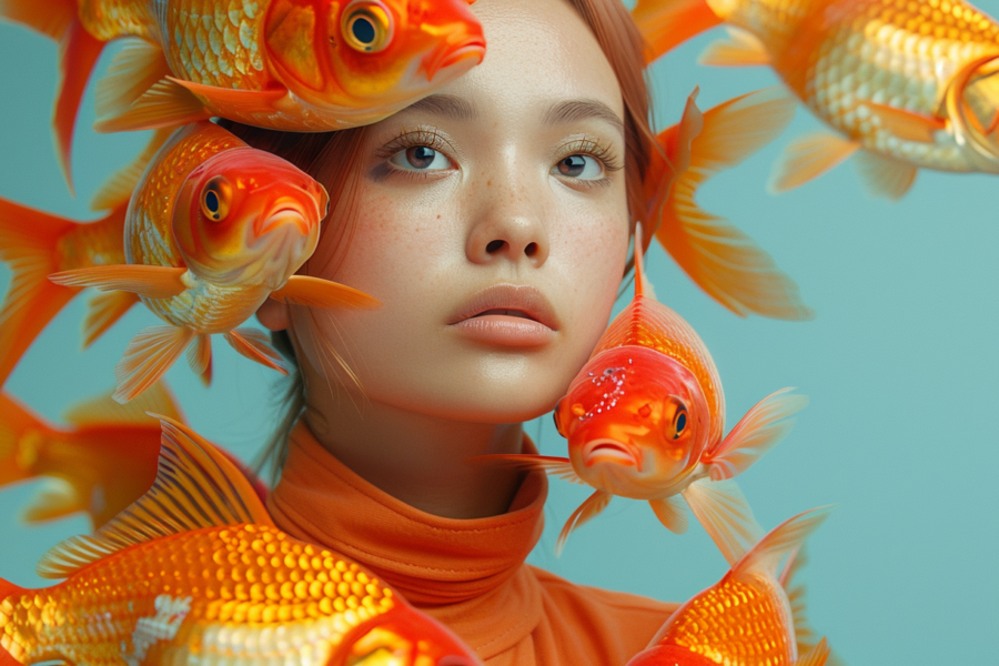 In this image, we see a young girl with a playful and whimsical look, wearing a bunch of goldfish on her head. The girl''s face shows a sense of excitement and joy as she carries the colorful fish in her hair. The goldfish are swimming around her head, creating a unique and eye-catching hairstyle. The girl''s features are highlighted with a fish earring, adding to the fun and quirky nature of the scene. The background suggests a watery environment, enhancing the aquatic theme of the image. The color palette includes earthy tones like brown and green, with accents of vibrant orange and blue from the goldfish. Overall, this image captures a moment of playful imagination and creativity.