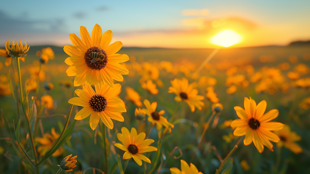 A stunning scene unfolds as the sun begins to set behind a vast field of vibrant yellow flowers. The sun''s warm rays illuminate the petals, creating a breathtaking display of color. The flowers, resembling sunflowers, stand tall and proud, swaying gently in the evening breeze. The surroundings are filled with lush greenery, with leaves and plants adding depth to the landscape. The setting sun casts a golden glow over the entire scene, painting the sky with hues of orange and pink. This picturesque moment captures the beauty and tranquility of nature at its finest.