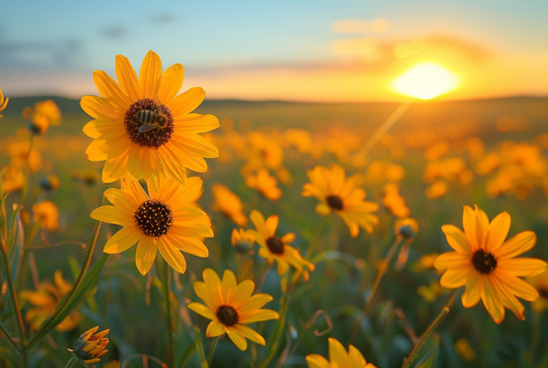 A stunning scene unfolds as the sun begins to set behind a vast field of vibrant yellow flowers. The sun''s warm rays illuminate the petals, creating a breathtaking display of color. The flowers, resembling sunflowers, stand tall and proud, swaying gently in the evening breeze. The surroundings are filled with lush greenery, with leaves and plants adding depth to the landscape. The setting sun casts a golden glow over the entire scene, painting the sky with hues of orange and pink. This picturesque moment captures the beauty and tranquility of nature at its finest.