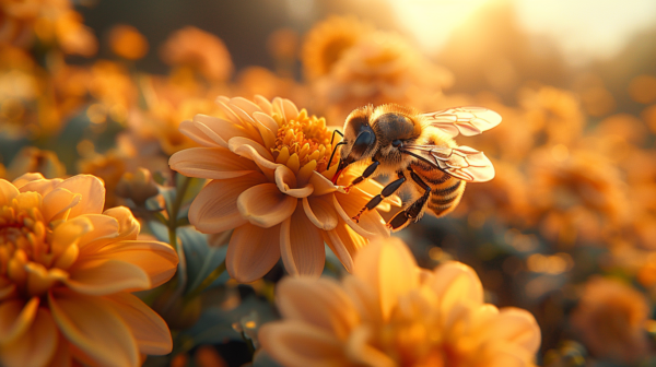 A beautiful scene captured in this image showcases a bee peacefully sitting on a flower, with the warm sun shining in the background. The flower is a vibrant yellow color, possibly a sunflower, attracting the bee with its nectar. The composition is striking, with the bee delicately perched on the petals. The image also includes a wild bird in the background, adding to the natural and serene atmosphere. The colors in the image range from warm browns and oranges to bright yellows, creating a visually appealing contrast. This photograph captures a harmonious moment in nature, highlighting the beauty of wildlife and flowers in their natural habitat.