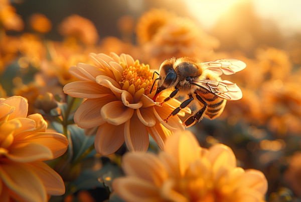 A beautiful scene captured in this image showcases a bee peacefully sitting on a flower, with the warm sun shining in the background. The flower is a vibrant yellow color, possibly a sunflower, attracting the bee with its nectar. The composition is striking, with the bee delicately perched on the petals. The image also includes a wild bird in the background, adding to the natural and serene atmosphere. The colors in the image range from warm browns and oranges to bright yellows, creating a visually appealing contrast. This photograph captures a harmonious moment in nature, highlighting the beauty of wildlife and flowers in their natural habitat.