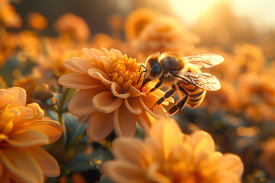 A beautiful scene captured in this image showcases a bee peacefully sitting on a flower, with the warm sun shining in the background. The flower is a vibrant yellow color, possibly a sunflower, attracting the bee with its nectar. The composition is striking, with the bee delicately perched on the petals. The image also includes a wild bird in the background, adding to the natural and serene atmosphere. The colors in the image range from warm browns and oranges to bright yellows, creating a visually appealing contrast. This photograph captures a harmonious moment in nature, highlighting the beauty of wildlife and flowers in their natural habitat.