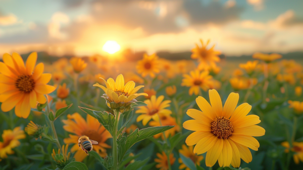 A stunning scene unfolds as the sun begins to set behind a vast field of vibrant yellow flowers. The sun''s warm rays illuminate the petals, creating a breathtaking display of color. The flowers, resembling sunflowers, stand tall and proud, swaying gently in the evening breeze. The surroundings are filled with lush greenery, with leaves and plants adding depth to the landscape. The setting sun casts a golden glow over the entire scene, painting the sky with hues of orange and pink. This picturesque moment captures the beauty and tranquility of nature at its finest.