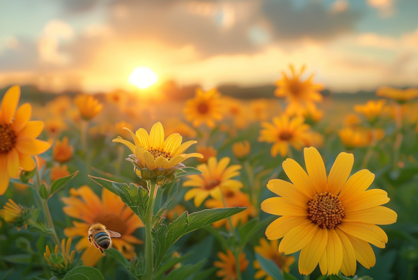 A stunning scene unfolds as the sun begins to set behind a vast field of vibrant yellow flowers. The sun''s warm rays illuminate the petals, creating a breathtaking display of color. The flowers, resembling sunflowers, stand tall and proud, swaying gently in the evening breeze. The surroundings are filled with lush greenery, with leaves and plants adding depth to the landscape. The setting sun casts a golden glow over the entire scene, painting the sky with hues of orange and pink. This picturesque moment captures the beauty and tranquility of nature at its finest.