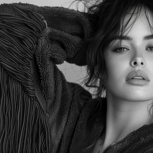 A black and white photo of a 26-year-old female model is shown. The woman is wearing a scarf on her head, which covers most of her hair. Her face is the focal point of the image, with clear features such as her eyes, nose, and mouth visible. The scarf is wrapped around her head in a stylish and elegant manner. The background is simple, allowing the woman and her scarf to stand out. The image exudes a sense of sophistication and fashion. The woman''s pose is confident and poised, adding to the overall aesthetic of the photo.