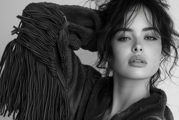 A black and white photo of a 26-year-old female model is shown. The woman is wearing a scarf on her head, which covers most of her hair. Her face is the focal point of the image, with clear features such as her eyes, nose, and mouth visible. The scarf is wrapped around her head in a stylish and elegant manner. The background is simple, allowing the woman and her scarf to stand out. The image exudes a sense of sophistication and fashion. The woman''s pose is confident and poised, adding to the overall aesthetic of the photo.