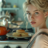 In the image, a woman is standing in a kitchen next to a stove. She has freckles on her face and is looking directly at the camera. Behind her, there is a plate of pancakes on a table. Additionally, there is a tea pot on the stove, adding to the cozy kitchen atmosphere. The woman appears to be young, around 21 years old, and is wearing casual attire. The kitchen is well-lit, with warm tones and a homely feel. Overall, the scene conveys a sense of comfort and domesticit