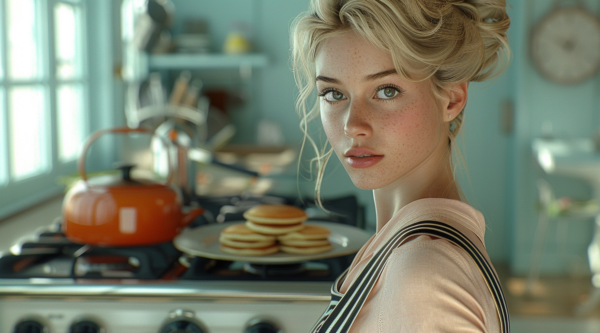 In the image, a woman is standing in a kitchen next to a stove. She has freckles on her face and is looking directly at the camera. Behind her, there is a plate of pancakes on a table. Additionally, there is a tea pot on the stove, adding to the cozy kitchen atmosphere. The woman appears to be young, around 21 years old, and is wearing casual attire. The kitchen is well-lit, with warm tones and a homely feel. Overall, the scene conveys a sense of comfort and domesticit
