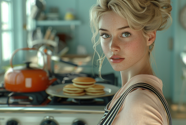 In the image, a woman is standing in a kitchen next to a stove. She has freckles on her face and is looking directly at the camera. Behind her, there is a plate of pancakes on a table. Additionally, there is a tea pot on the stove, adding to the cozy kitchen atmosphere. The woman appears to be young, around 21 years old, and is wearing casual attire. The kitchen is well-lit, with warm tones and a homely feel. Overall, the scene conveys a sense of comfort and domesticit