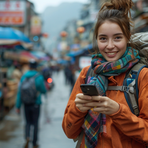 In this image, we see a young woman with a backpack on her back, standing outdoors and looking down at her cell phone. She appears to be focused on the screen of her phone. The woman is wearing a scarf around her neck and is holding the phone in her hand. There are multiple backpacks in the image, one on the woman''s back and another larger one visible in the background. The woman is standing in front of a building, and the color palette of the image consists of shades of blue, brown, and gray. The woman has a neutral expression on her face