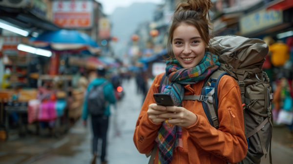 In this image, we see a young woman with a backpack on her back, standing outdoors and looking down at her cell phone. She appears to be focused on the screen of her phone. The woman is wearing a scarf around her neck and is holding the phone in her hand. There are multiple backpacks in the image, one on the woman''s back and another larger one visible in the background. The woman is standing in front of a building, and the color palette of the image consists of shades of blue, brown, and gray. The woman has a neutral expression on her face