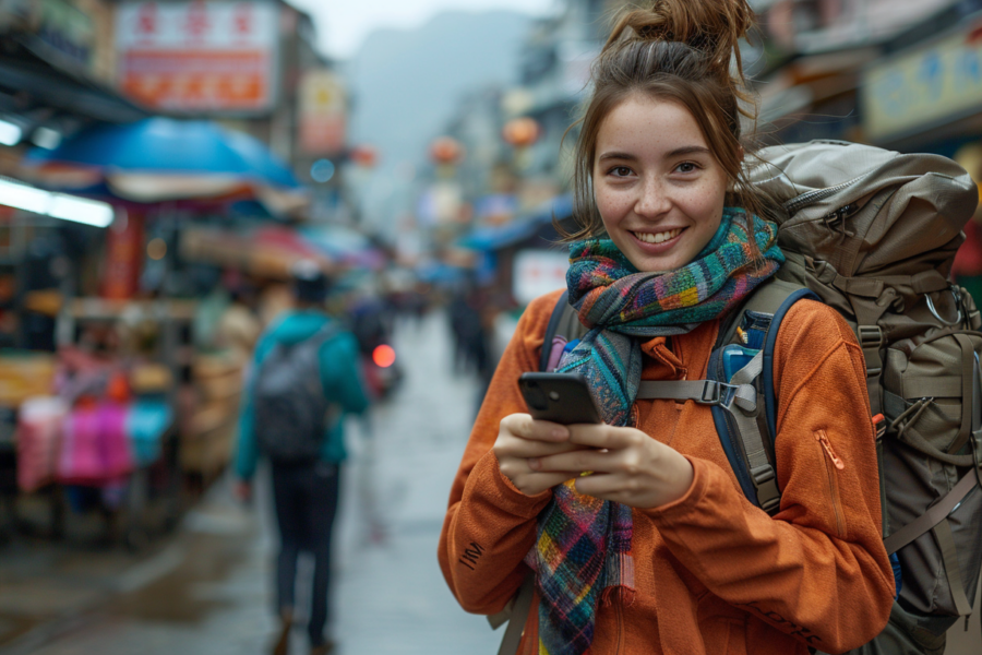 In this image, we see a young woman with a backpack on her back, standing outdoors and looking down at her cell phone. She appears to be focused on the screen of her phone. The woman is wearing a scarf around her neck and is holding the phone in her hand. There are multiple backpacks in the image, one on the woman''s back and another larger one visible in the background. The woman is standing in front of a building, and the color palette of the image consists of shades of blue, brown, and gray. The woman has a neutral expression on her face