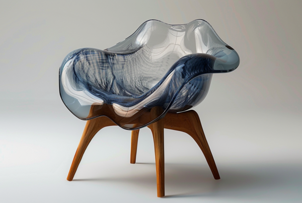 In this image, we see a chair with a unique blue and white design on it. The chair is made of glass and wood, with a wooden base supporting it. The design on the chair is clear and vibrant, adding a pop of color to the room. Additionally, there is a glass bowl on a wooden stand in the background, adding a touch of elegance to the scene. The overall color scheme of the image includes shades of grey, brown, and white, with the blue and white design on the chair standing out as the focal point.