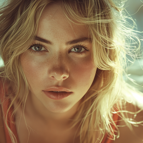 In the image, a woman with blonde hair and blue eyes is laying on a bed with a white sheet. The woman''s face is the focal point of the image, showcasing her features up close. The woman appears to be in her mid-twenties and has a serene expression on her face. Her long blonde hair cascades around her, adding to the tranquil atmosphere of the scene. The soft lighting highlights her features, emphasizing her delicate complexion. The overall composition evokes a sense of calm and relaxation, inviting viewers to appreciate the beauty of the moment captured.