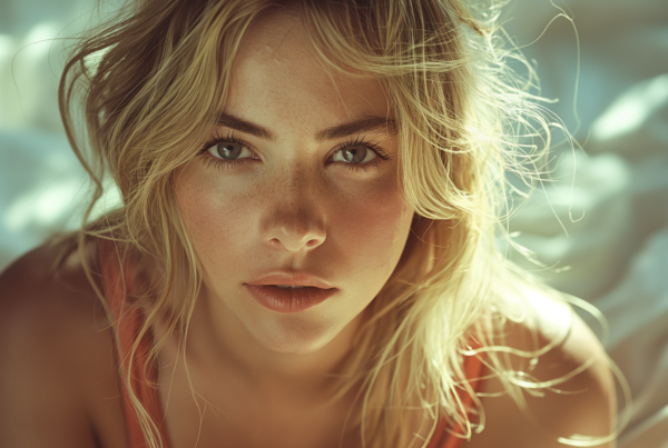 In the image, a woman with blonde hair and blue eyes is laying on a bed with a white sheet. The woman''s face is the focal point of the image, showcasing her features up close. The woman appears to be in her mid-twenties and has a serene expression on her face. Her long blonde hair cascades around her, adding to the tranquil atmosphere of the scene. The soft lighting highlights her features, emphasizing her delicate complexion. The overall composition evokes a sense of calm and relaxation, inviting viewers to appreciate the beauty of the moment captured.